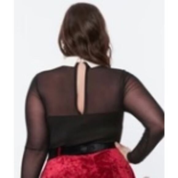 Unique Vintage Black Mesh Bodysuit with White Cuffs and Collar Sz L #61 - Picture 2 of 6